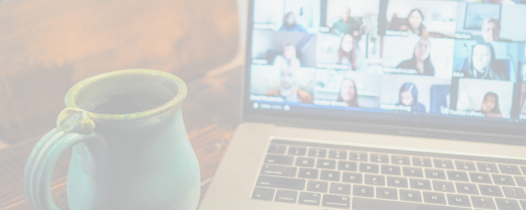 coffee cup with students on video call